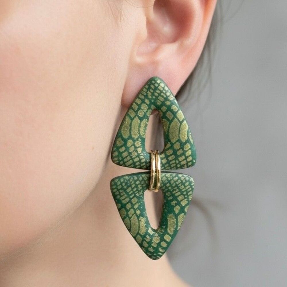 Handmade Green & Gold Snake Print Polymer Clay Dangle Earrings Statement Animal